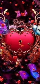 Steampunk heart with vibrant butterflies wallpaper.