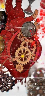 Steampunk heart with gears and red accents on an artistic wallpaper background.