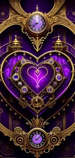 Steampunk heart clock with purple and gold accents wallpaper.