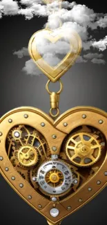 Steampunk heart clock with golden gears in smoky background.