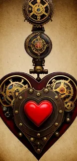 Steampunk heart with gears and clockwork elements on brown background.