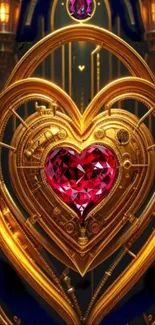 Steampunk heart with golden gears and red gemstone.