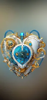 Steampunk heart with gears in blue and gold on a mobile wallpaper background.