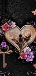 Steampunk heart lock with flowers and butterflies on a black background.