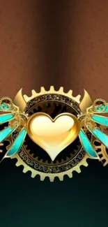 Steampunk wallpaper with golden heart and gears on a brown background.