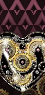 Steampunk heart with gears on a purple geometric background.