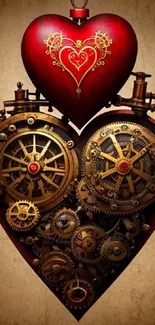 Steampunk heart with intricate gears on a vintage background.