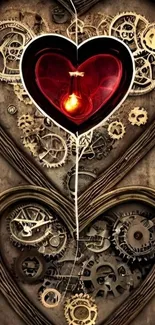 Steampunk heart with gears and glowing light bulb.