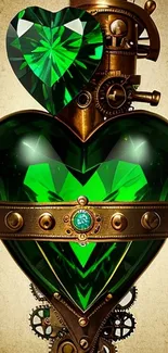Steampunk heart with green gem and mechanical gears.