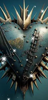 Steampunk heart with brass and spikes on a teal background.