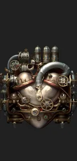 Steampunk heart with metallic gears on dark background.