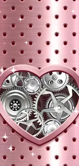 Metallic pink wallpaper with heart-shaped gears in steampunk style.