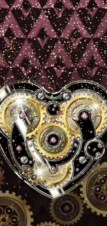 Steampunk heart design with gears on a geometric dark purple background.