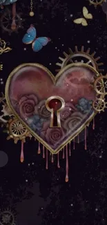 Steampunk heart with roses and gears on dark mobile wallpaper.