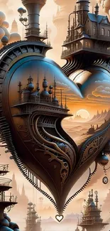 Steampunk heart with sunset landscape in artistic design.