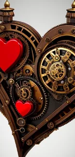 Steampunk heart with gears and red hearts on mobile wallpaper.