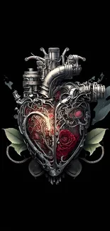 Steampunk heart design with metal gears and red rose on black background.