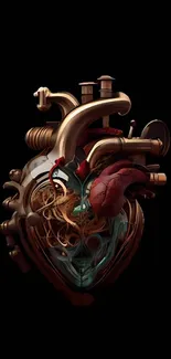 Steampunk heart with mechanical design on black background.