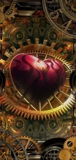 Steampunk heart with intricate gears and vibrant colors as mobile wallpaper.