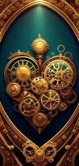 Steampunk heart wallpaper with golden gears on teal background.