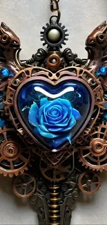 Intricate steampunk heart with a blue rose centerpiece.