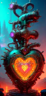 Steampunk heart machinery with neon glow and vivid colors.