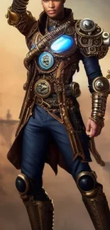 Steampunk hero with vibrant fantasy armor in a dramatic pose.