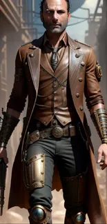 Steampunk hero in brown leather attire, holding a gadget in an industrial setting.