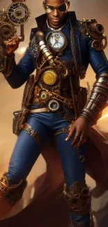 Steampunk hero with vintage gear and dynamic pose in mobile wallpaper.