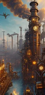 Steampunk cityscape with industrial towers and glowing elements.