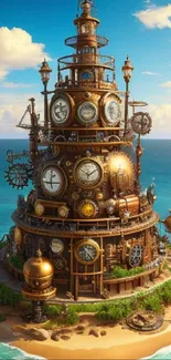 Steampunk tower on an island with ocean backdrop.