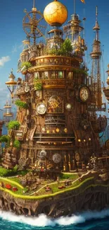 Steampunk island with gears and ocean in fantasy wallpaper design.