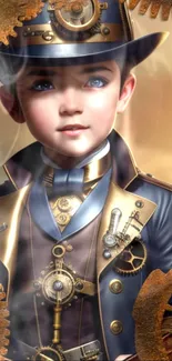 Steampunk child in fantasy attire with gears and Victorian elements.