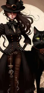 Steampunk lady with black cat in vintage style wallpaper.