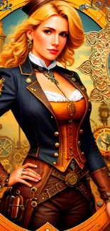 Steampunk lady in ornate orange and blue design with mechanical gears.