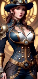 Steampunk lady in intricate costume with clockwork design and gears.