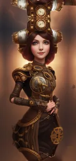 Steampunk girl with detailed mechanical outfit in fantasy setting.