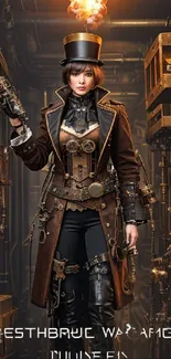 Steampunk lady in an industrial setting with mechanical gears and vintage attire.