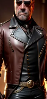 Steampunk styled leather jacket with intricate details and vintage design.