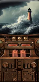 Steampunk-themed wallpaper with lighthouse and stormy sea.