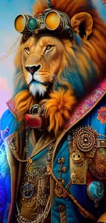 Majestic steampunk lion in vibrant colors with intricate gears.