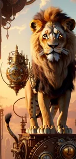 Steampunk lion on futuristic pedestal with mechanical elements.