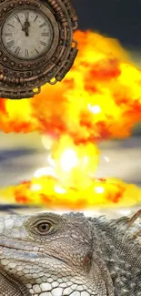 Steampunk-style iguana with explosion in background.