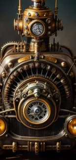 Steampunk machine art with gears and dials in a vintage style.