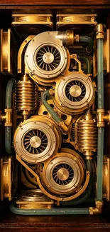 Close-up of intricate steampunk machinery with gears and gold tones.