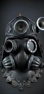 Steampunk style mask with dark mechanical elements on mobile wallpaper.