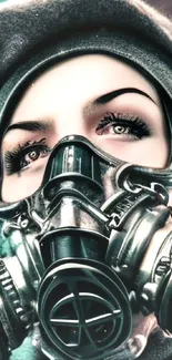 Person in a detailed steampunk gas mask with artistic background.