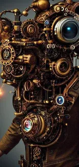 Intricate steampunk mechanical art in bronze tones on mobile wallpaper.