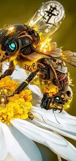 A steampunk mechanical bee rests on a white daisy.