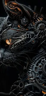Steampunk mechanical cat with intricate gears on a dark background.